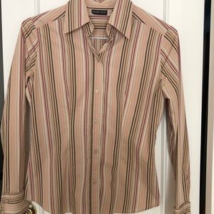 New York & Company Tan, Pink, Cream, Brown Multi Colored Striped Button Shirt